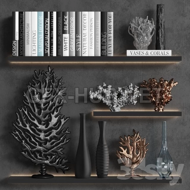 Decorative set of coral books and vases