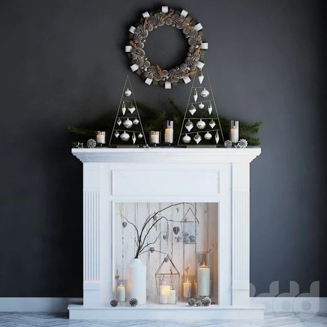 Artificial fireplace with candles and Christmas decorations