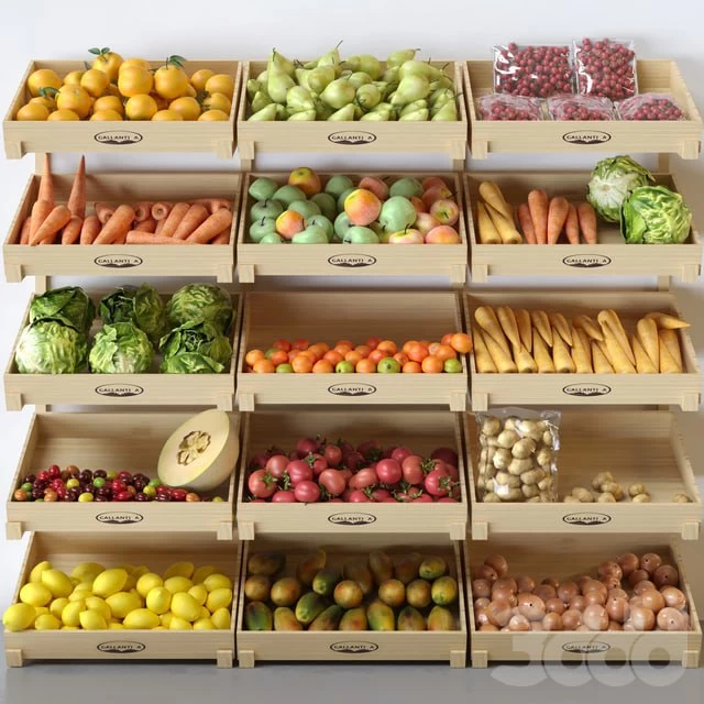 Showcase with fruits and vegetables at the market in boxes. Citrus fruits, apples