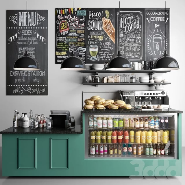 British style cafe with coffee machine and crockery. Showcase with juices