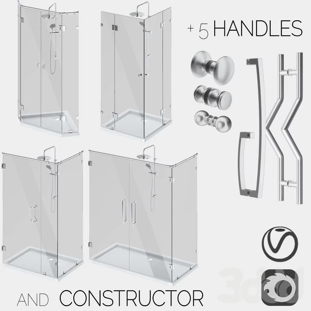 Angled glass shower cabins, designer and handle set
