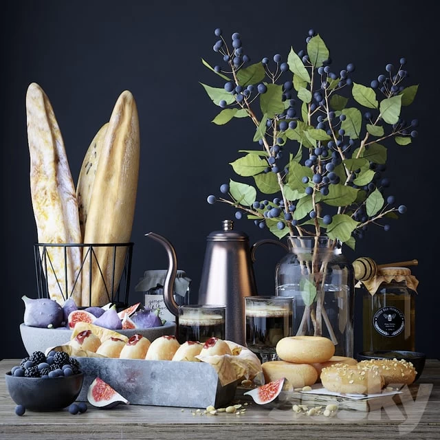 Kitchen set with bread and donuts