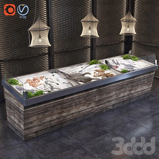 Showcase with fish and seafood