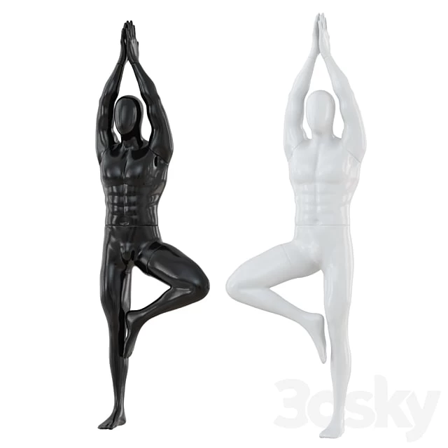 Male abstract mannequin stands in yoga pose 109