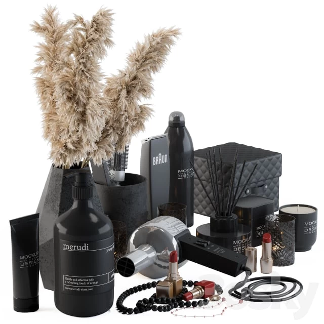 Bathroom Decor Set 05 - Black Set with pampas Plant