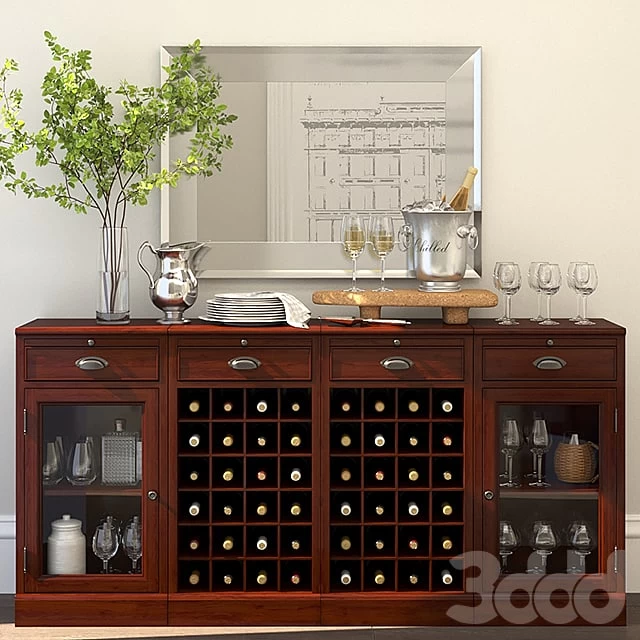 MODULAR BAR BUFFET WITH 2 WINE GRID BASES & 2 GLASS DOOR CABINETS + Decor set