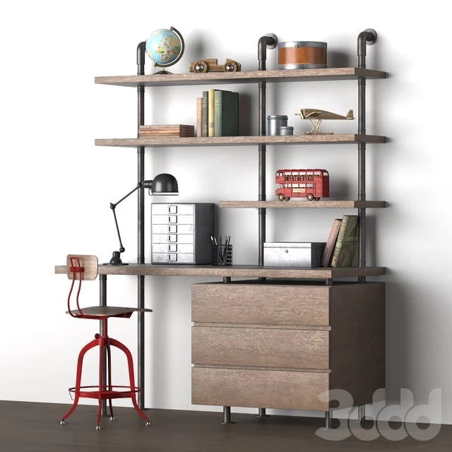 INDUSTRIAL PIPE SINGLE DESK & SHELVING WITH DRAWERS