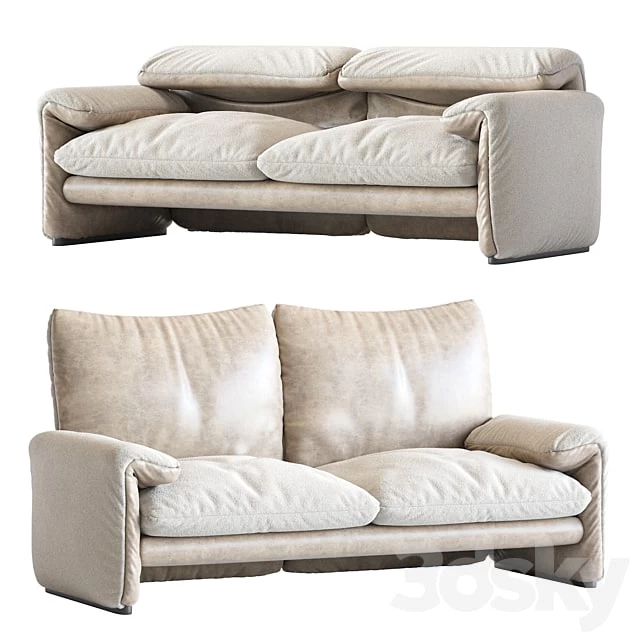 White Sheepskin Maralunga Sofa by Vico Magistretti for Cassina, Italy