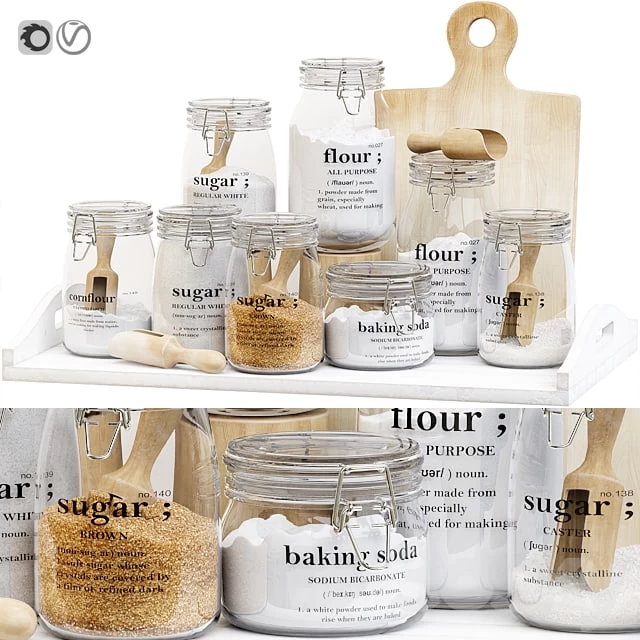 Set of glass jars for the kitchen with sugar and flour