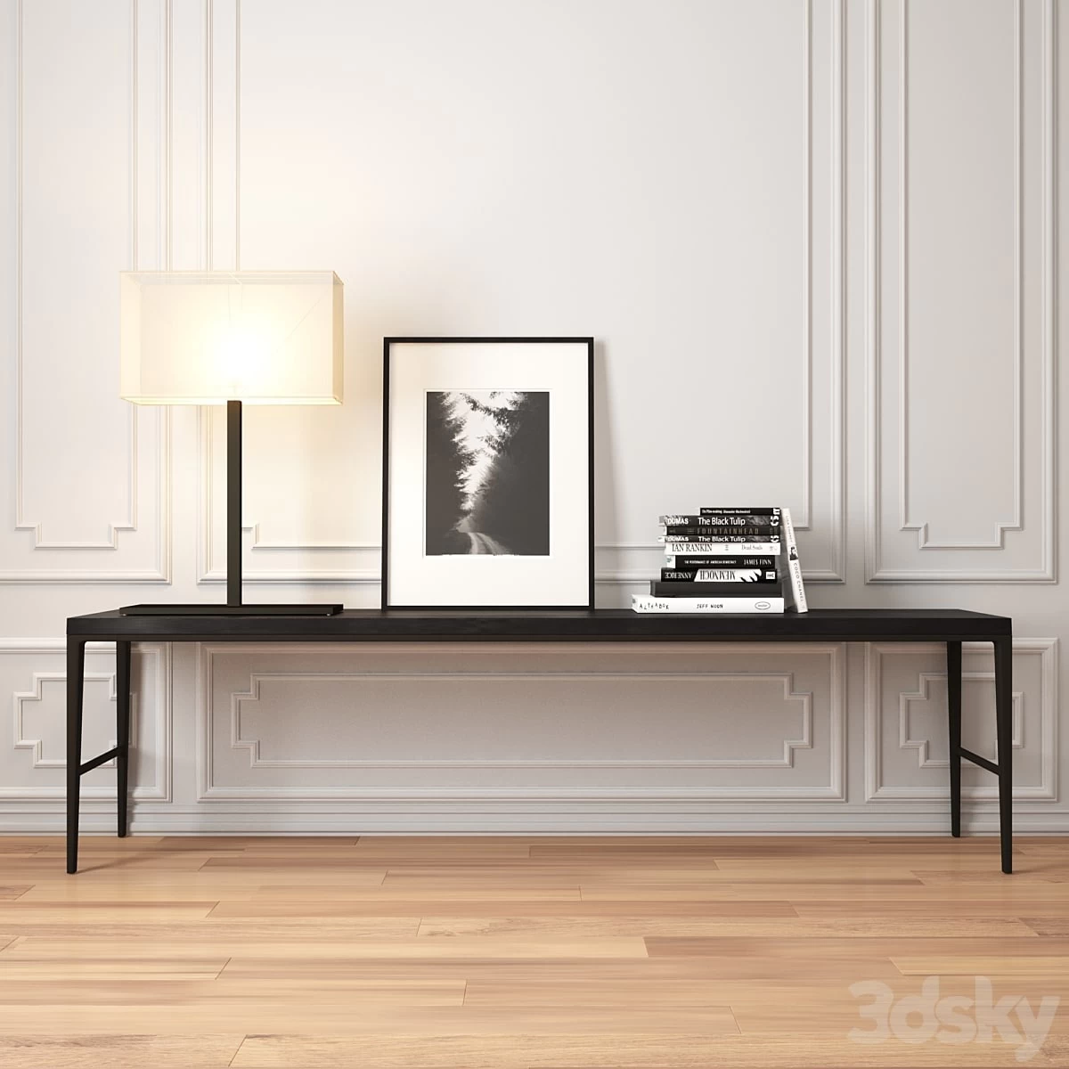 Decorative set with console and lamp.