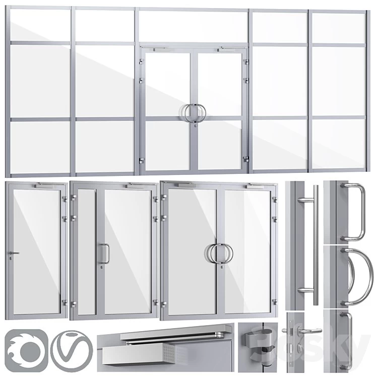 Glass fire doors and partitions, a set of handles