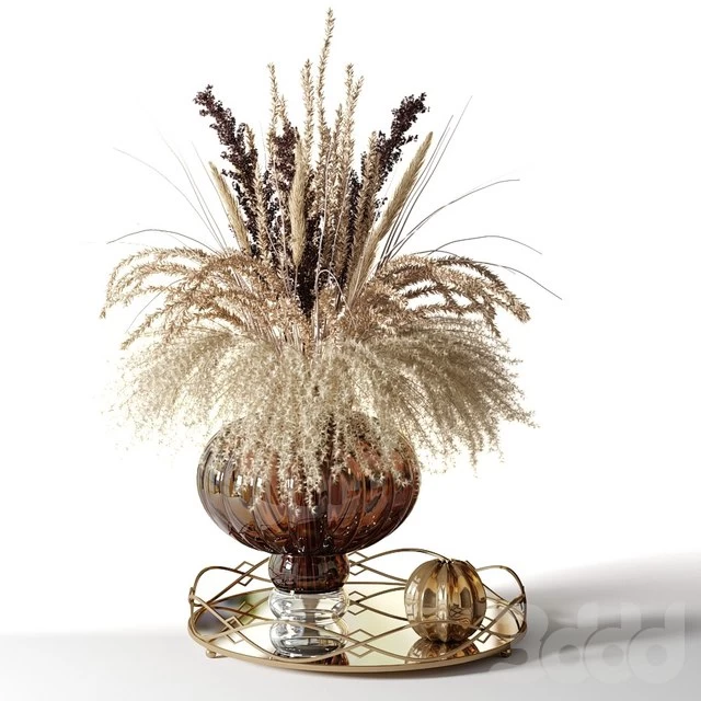 bouquet of dried flowers in a pot-bellied brown vase on a tray