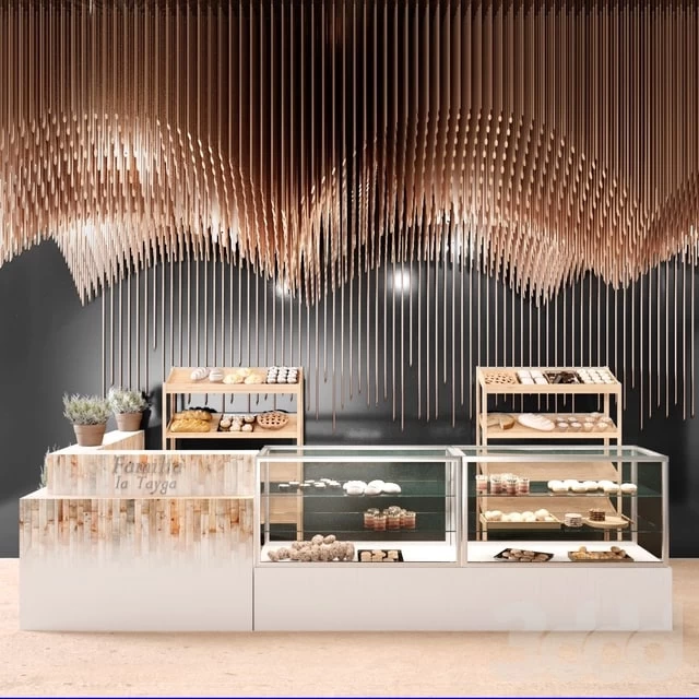 Design project of a restaurant with elements of copper decor and a showcase with desserts and sweets