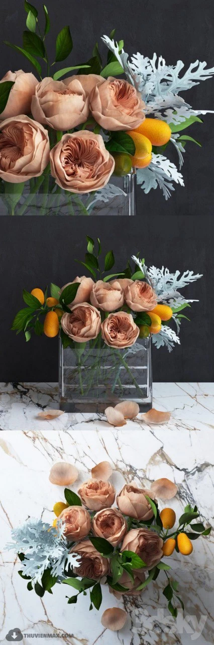 Bouquet of Austin's Roses, Kumquat and Dusty Miller plant