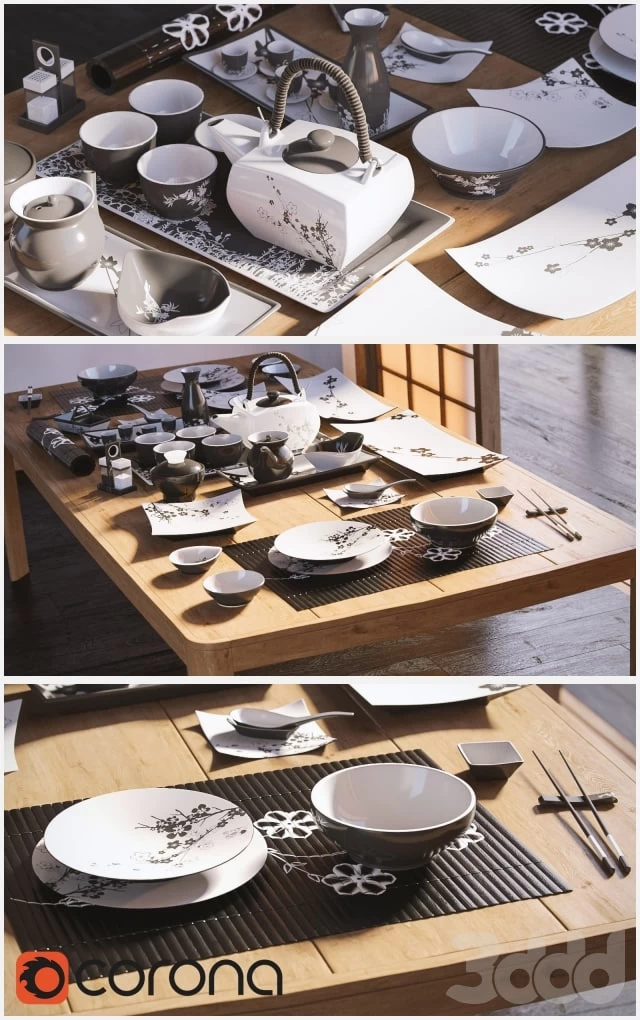A set of dishes in the Japanese style./Посуда в японском стиле