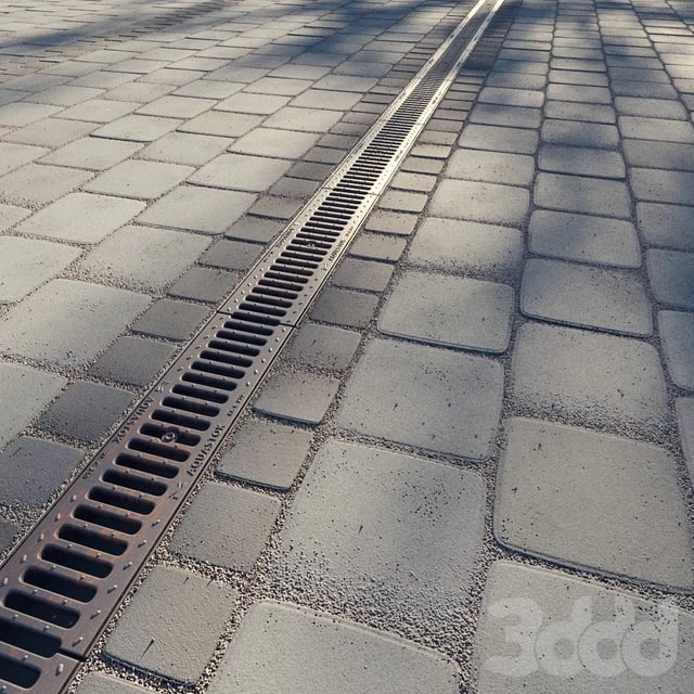 Paving slabs and storm grate