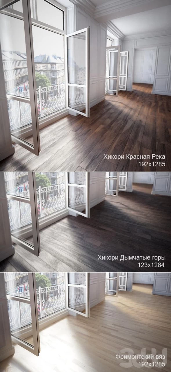 Parquet 3 types: Frimontsky elm, hickory Smoky Mountains, Hickory Red River