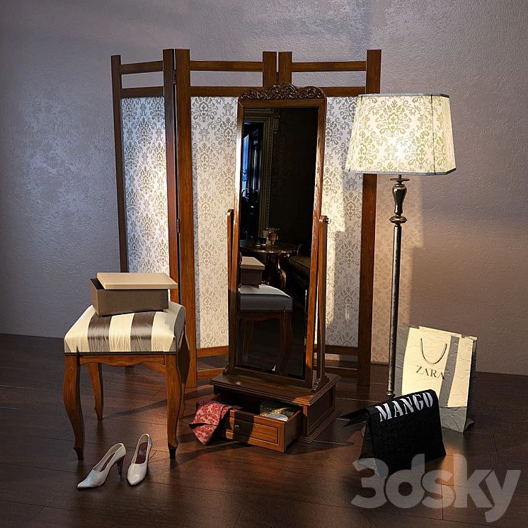 Mirror, a floor lamp and a screen