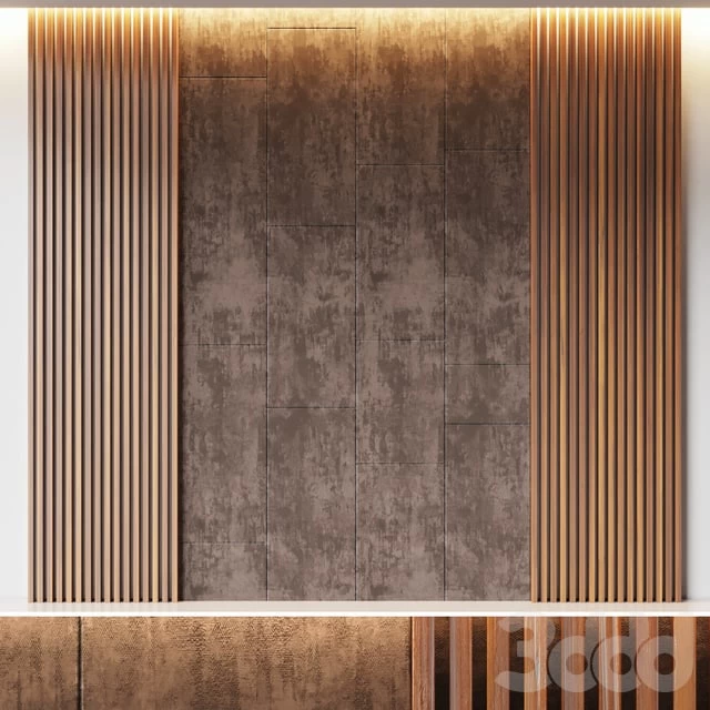 Decorative wall panel made of oak battens and beige velveteen