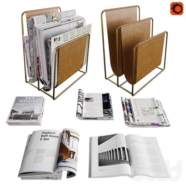 Newspaper box and set of magazines and newspapers