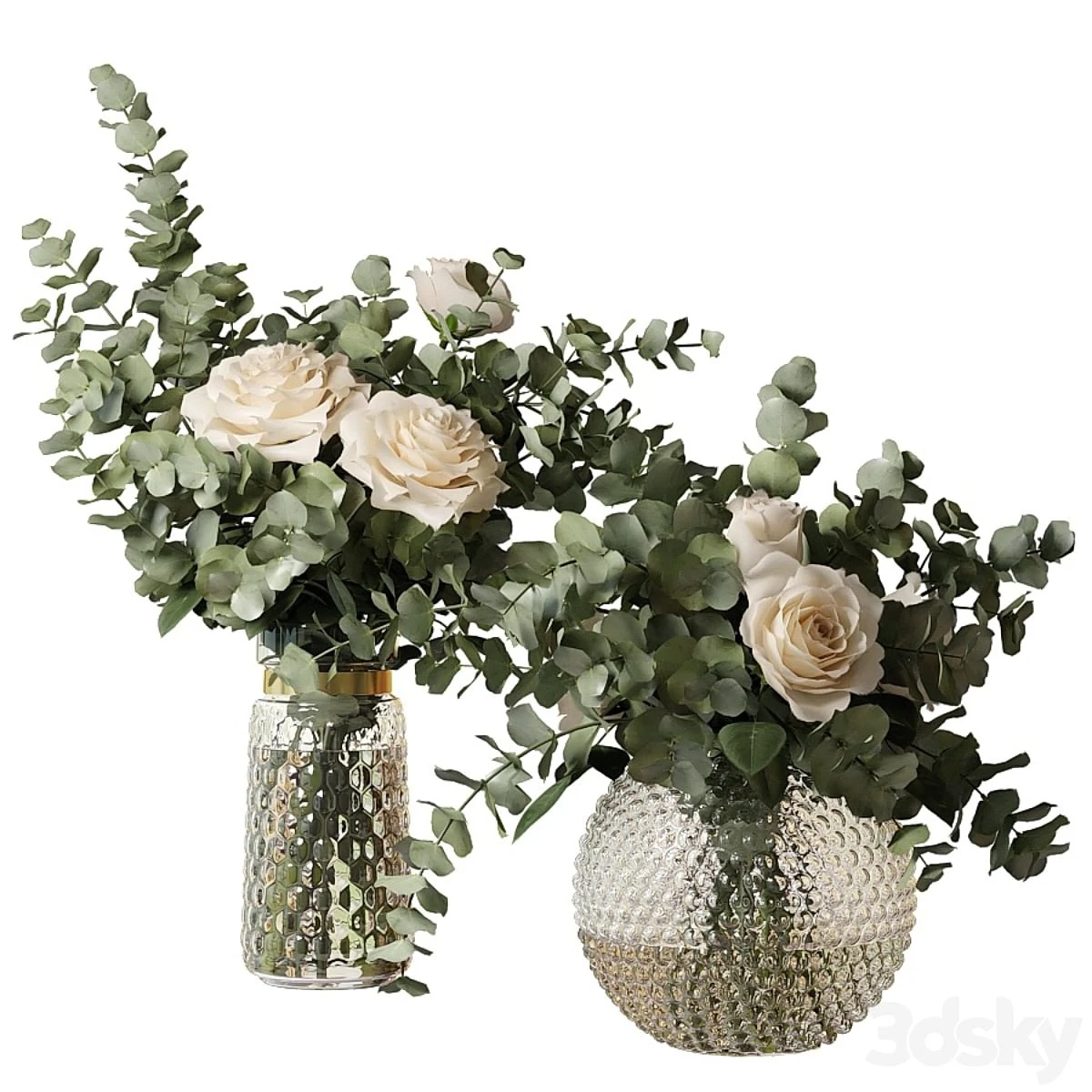 Two bouquets of roses and eucalyptus branches in glass mottled vases