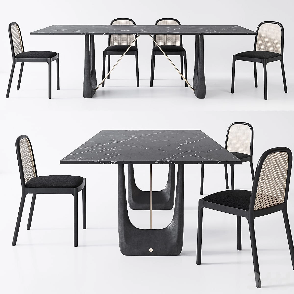 CB2 Nadia Cane chair, Rocco Rectangular marble dining table